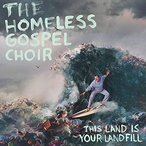 "Album cover with a man surfing on a wave of trash, dark cloudy sky."