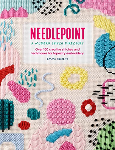 Needlepoint book cover with colorful stitched designs and title text.
