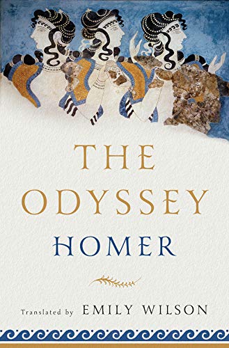 Book with worn cover, yellowed pages, ancient Greek-inspired illustrations, and Homer's classic text.