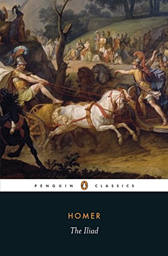 Book cover of Homer's The Iliad featuring a classical painting of warriors in chariots.