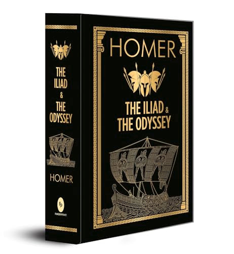 Black and gold hardcover book: "Homer, The Iliad & The Odyssey" with ship and helmet designs.