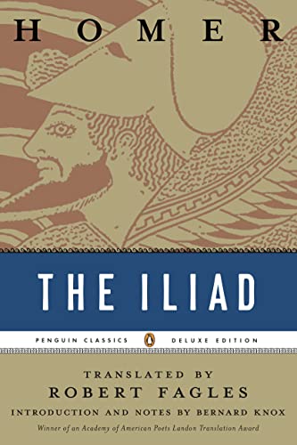 Book cover of "The Iliad" featuring a classical illustration and blue band.