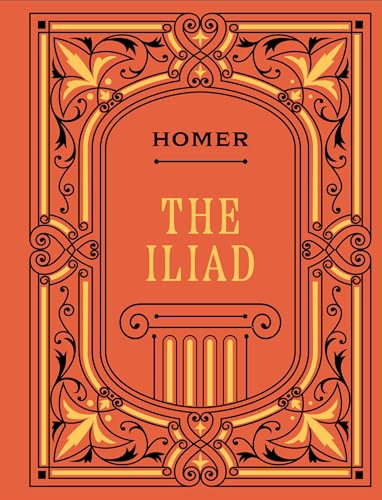 Orange book cover with ornate gold frame and title "The Iliad" by Homer.