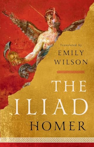 Book cover of The Iliad by Homer, featuring a winged figure on red and gold.