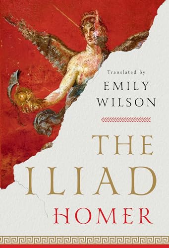 Book cover of The Iliad by Homer, featuring a winged figure on a red background.