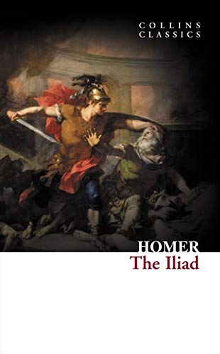 Book cover of Homer’s *The Iliad* with a battle scene painting.