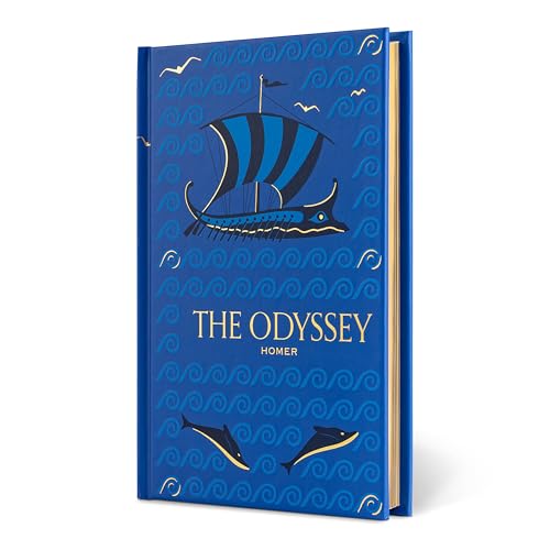 Blue book cover of "The Odyssey" featuring a ship and dolphins.