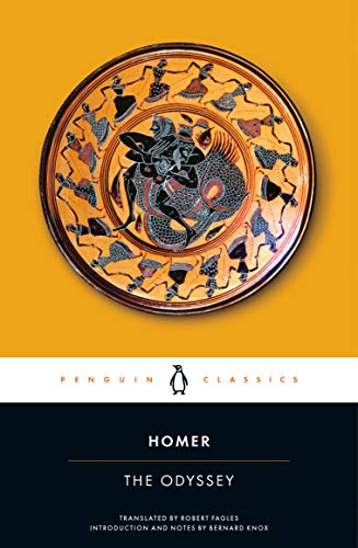 Book cover of "The Odyssey" featuring ancient Greek pottery illustration.