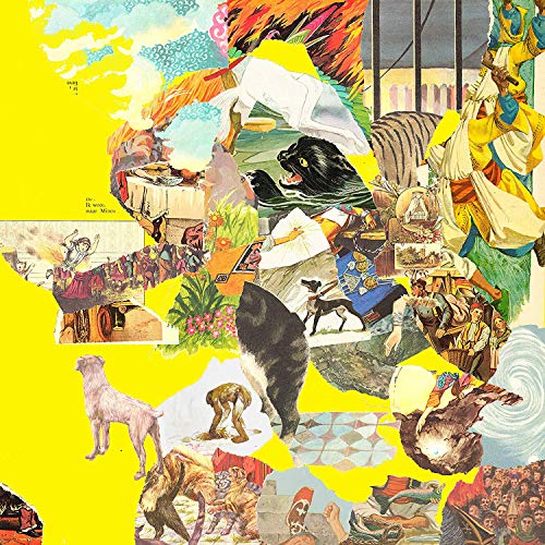 The image is a vinyl record cover with a vibrant, collaged artwork on a yellow background.