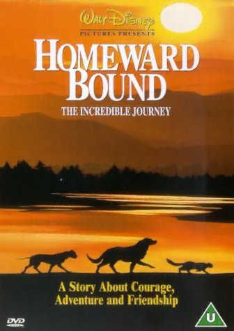 DVD cover for "Homeward Bound" featuring three dogs silhouetted against a sunset.