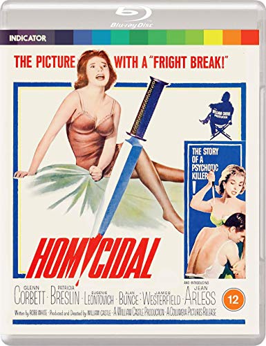 Blu-ray cover art for Homicidal featuring a woman and a large knife.