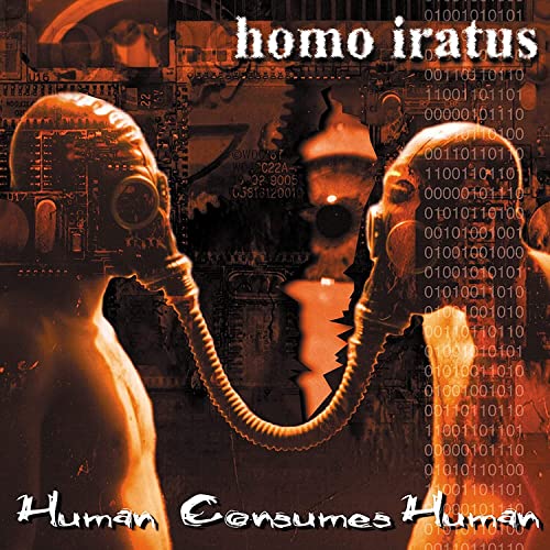 CD cover: two figures in gas masks connected by a tube, binary code.