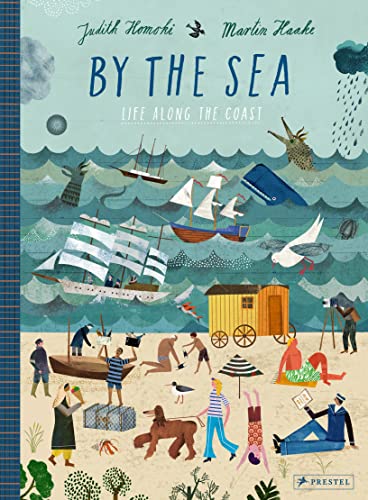 Illustrated book cover showing a busy beach scene with ships, sea life, and people.