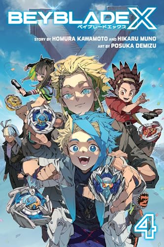 Manga cover for Beyblade X Vol. 4 featuring five characters holding various spinning tops.