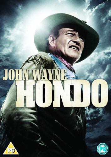 John Wayne in "Hondo" DVD cover, dramatic sky and weathered cowboy portrait.
