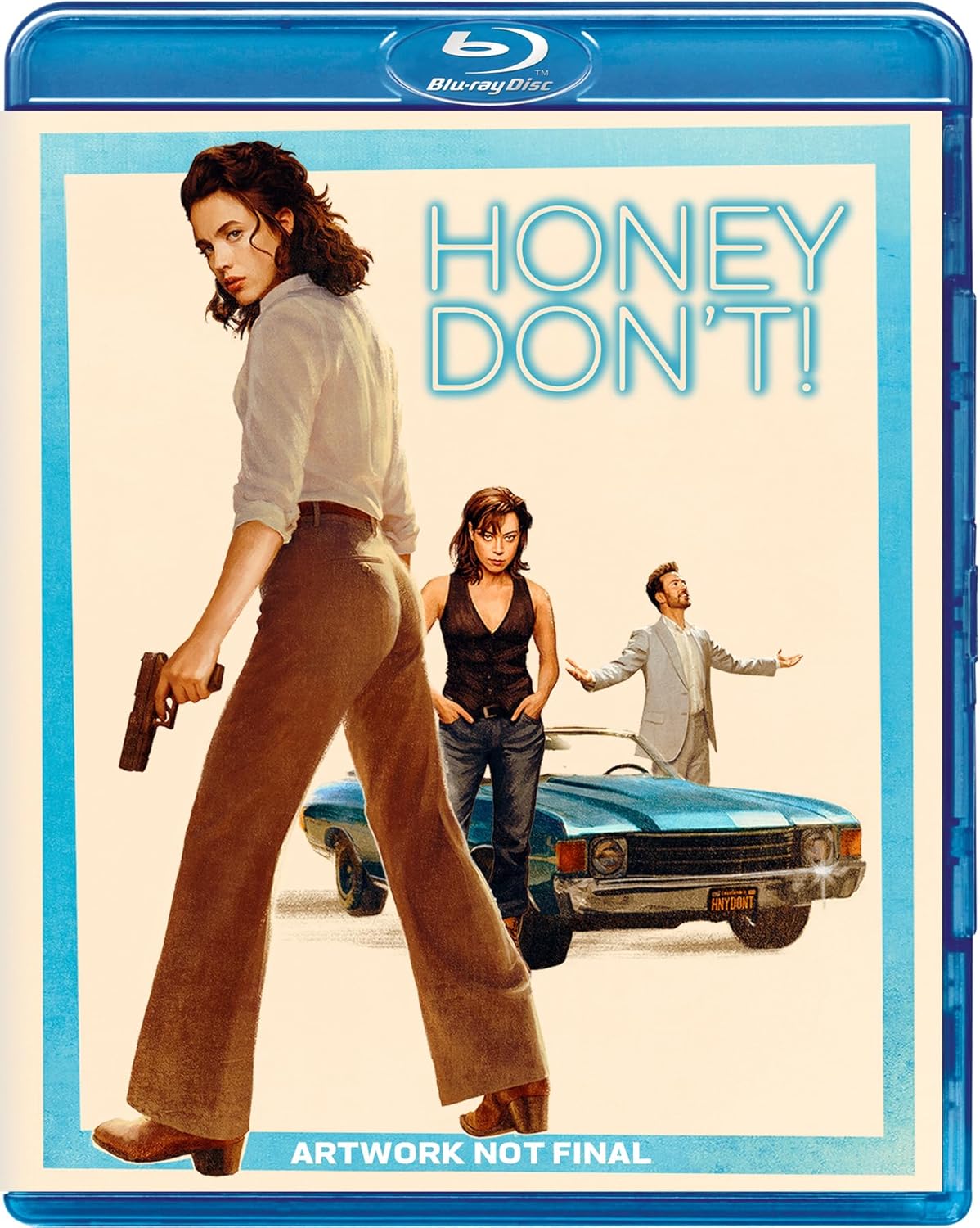 “Honey Don’t!” Blu-ray cover with two women and a man with a blue car.