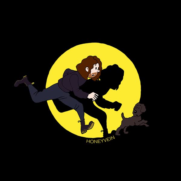 Cartoon illustration of two figures embracing under a yellow circle, with a dog.