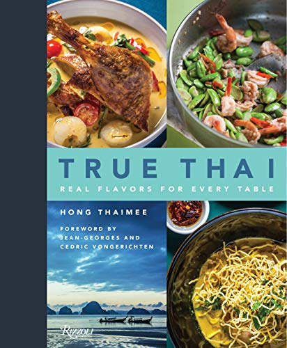 Cookbook cover featuring Thai food dishes, text, and a seascape.