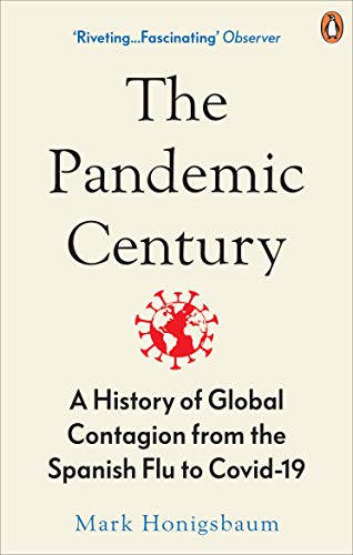 Book cover: “The Pandemic Century” with a virus illustration.