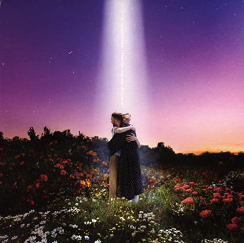 Couple embracing in a field under a bright, descending light beam.