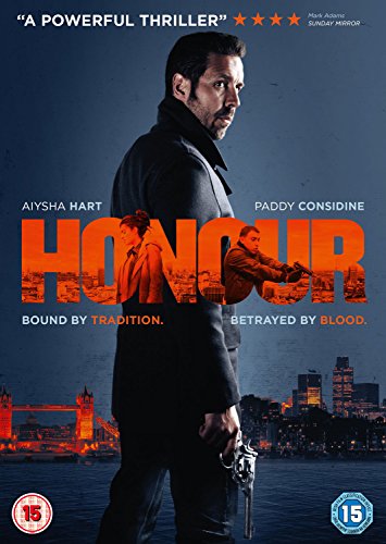 DVD cover for "Honour" featuring two figures with guns, London skyline.