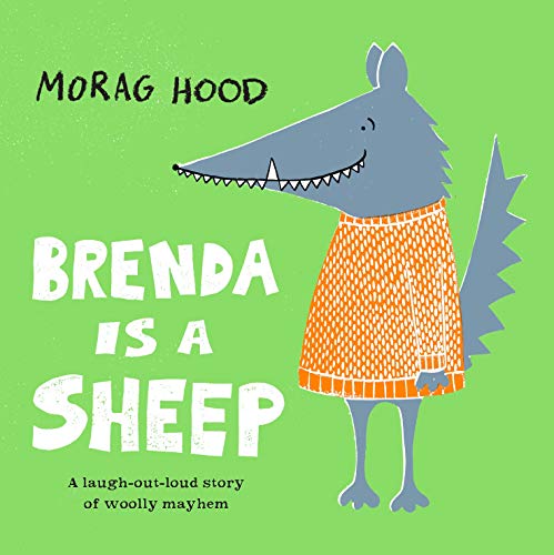 Book cover: illustrated wolf in orange sweater, text "Brenda Is a Sheep".