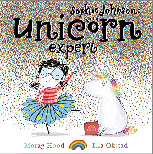 A girl in a tutu and a unicorn stand against a colorful confetti background.