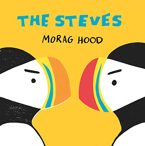 Book cover with illustrated puffins and bright yellow background.