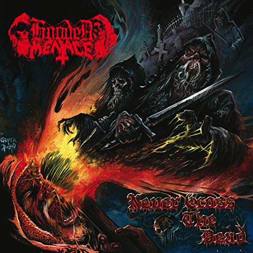 Album cover: hooded skeletal figure with a sword, fiery graveyard background.