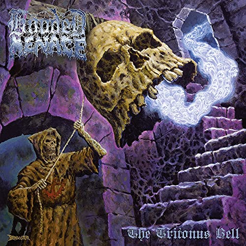Hooded figure ringing a giant skull bell in a purple stone dungeon.