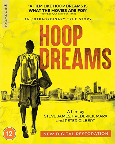 Blu-ray cover for Hoop Dreams featuring a basketball player silhouette against a yellow background.