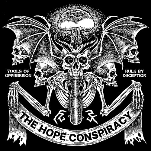 Black and white illustration of a horned skull with wings, a bomb, and skulls.