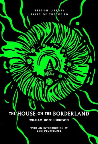 Book cover with a black background and neon green swirling abstract art and house.