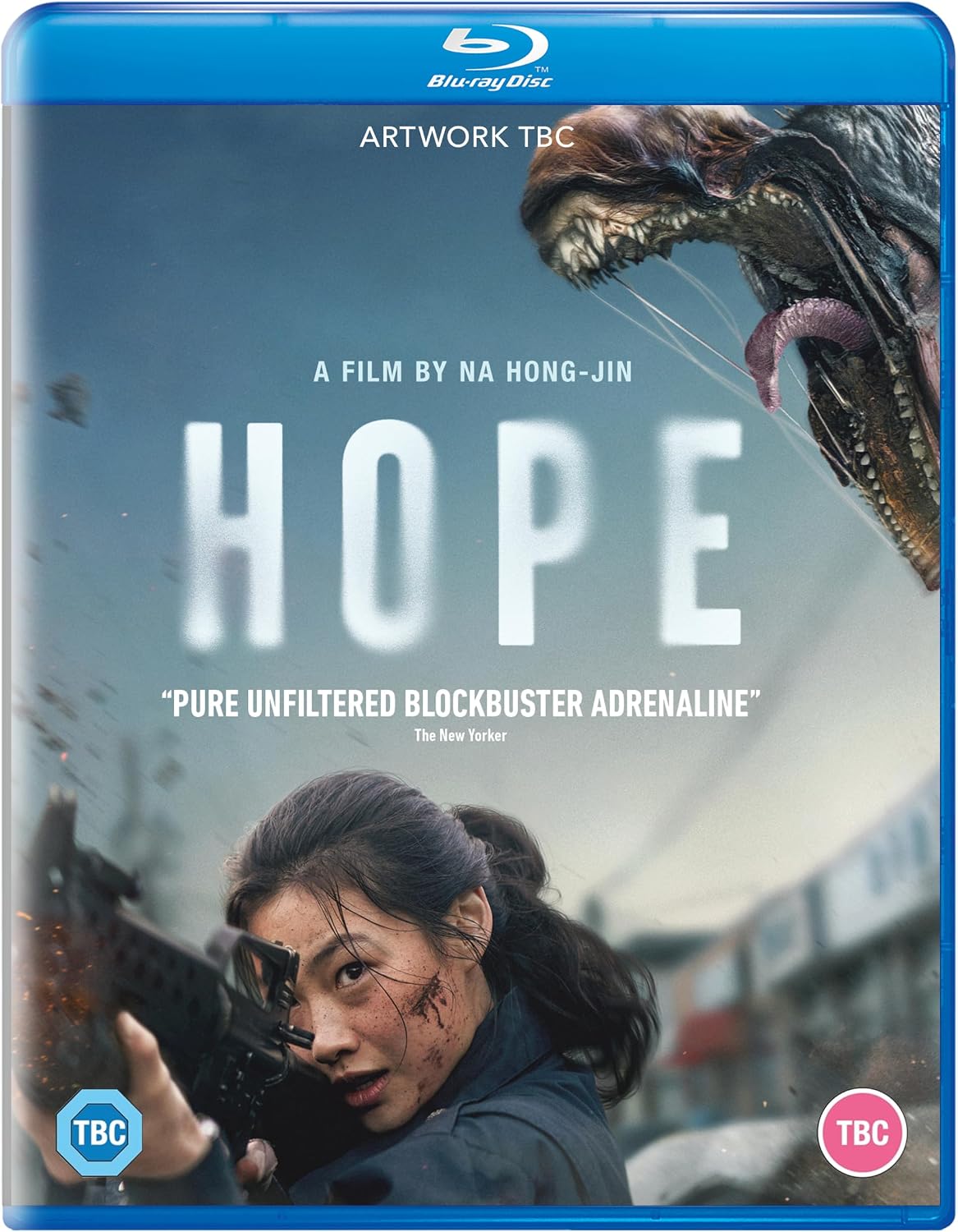 Blu-ray cover for “Hope” featuring a woman holding a gun, and a dog.