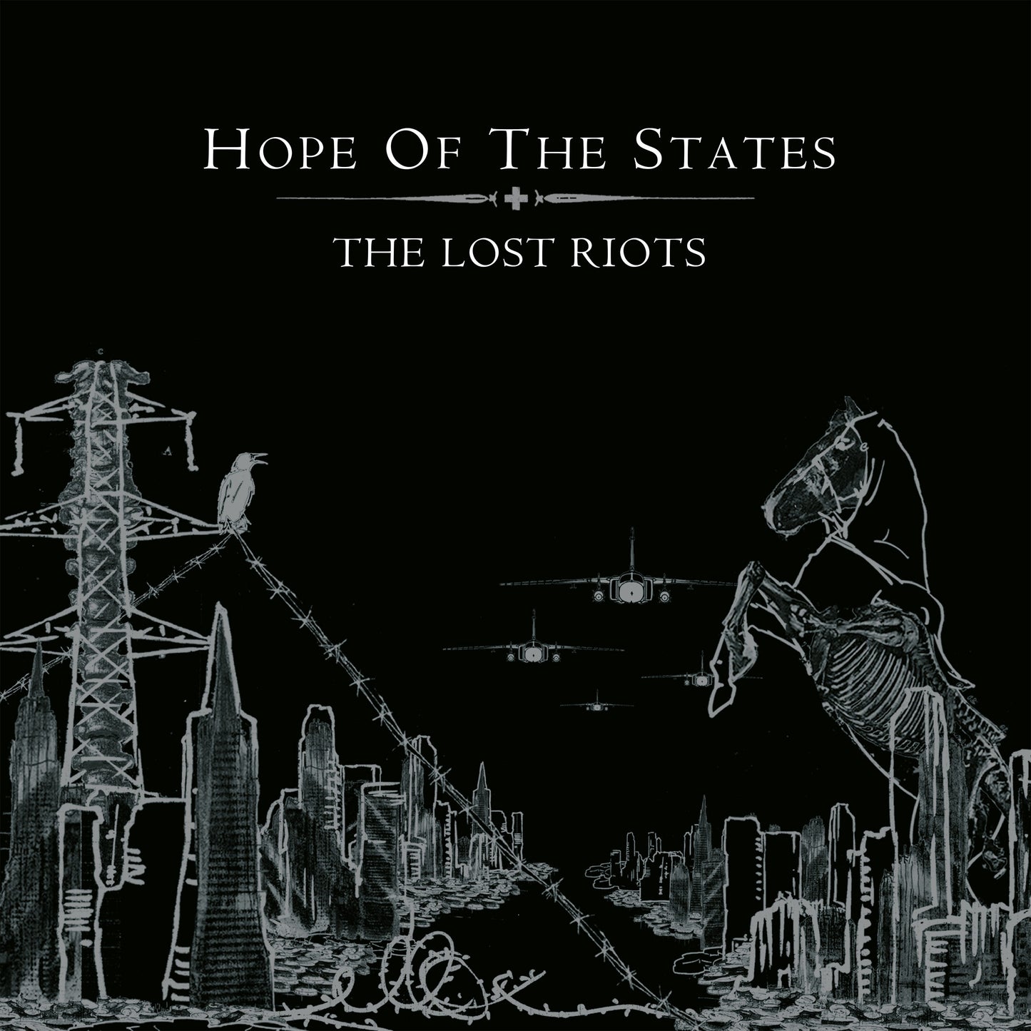 Black and white album cover with city skyline, birds, and a rearing horse.