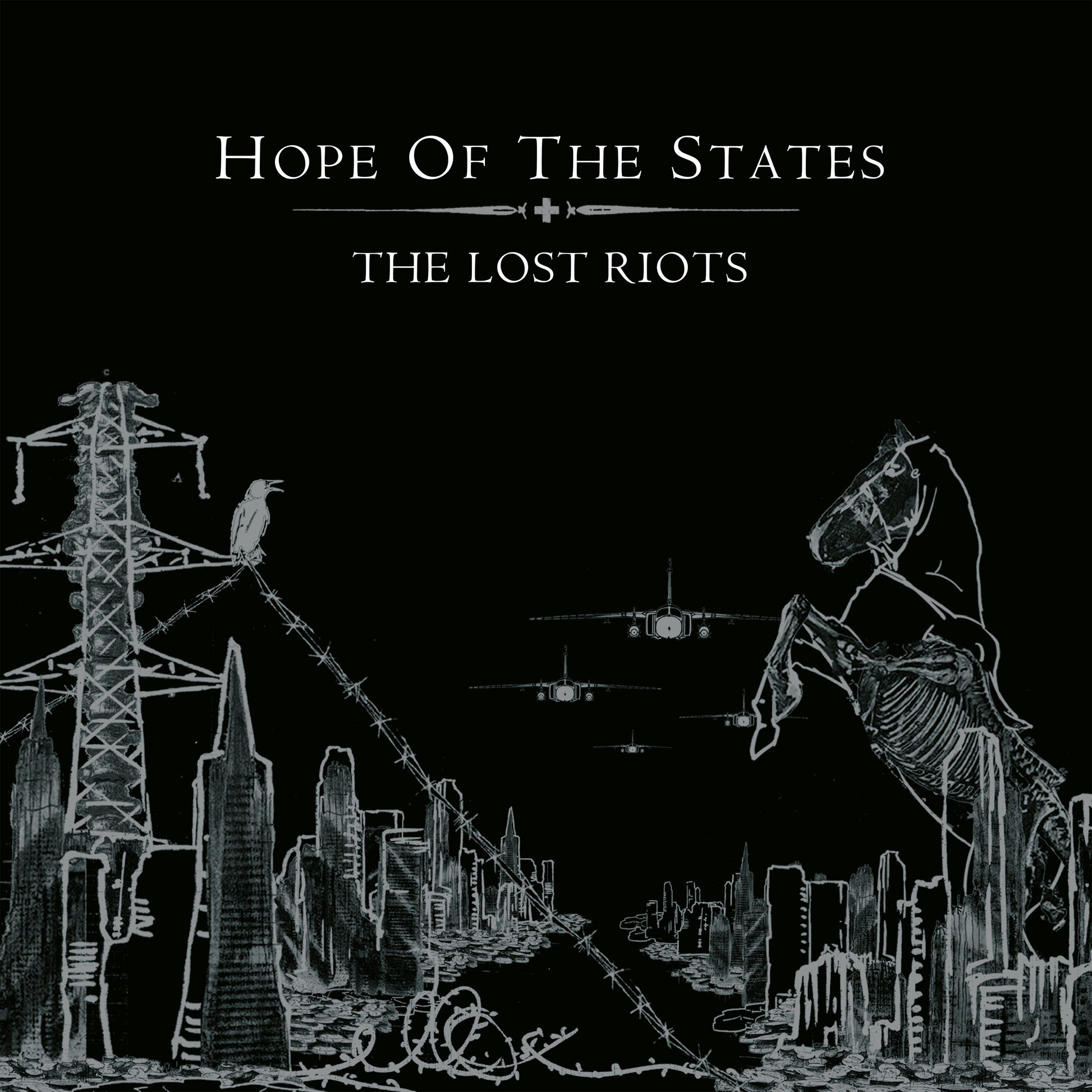 Black and white album cover with city skyline, birds, and a rearing horse.