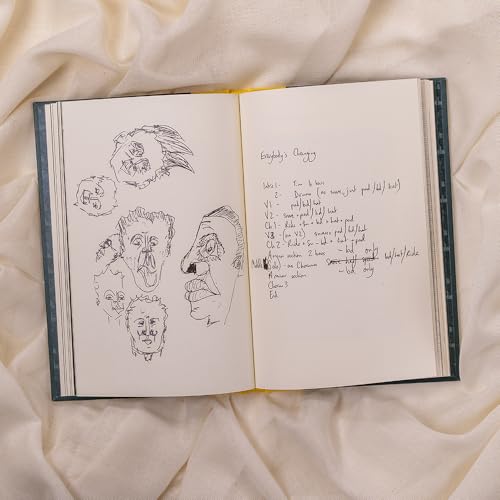 Open book displaying handwritten notes and sketched faces on cream pages.