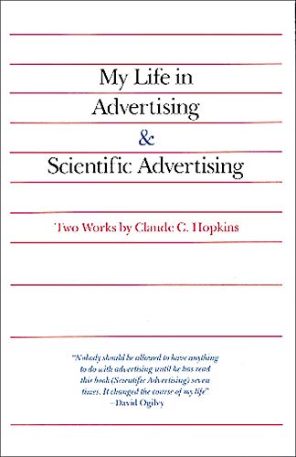 Book cover with red lines and black text: “My Life in Advertising & Scientific Advertising.”