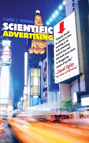 Book cover for "Scientific Advertising" with a Times Square billboard backdrop.