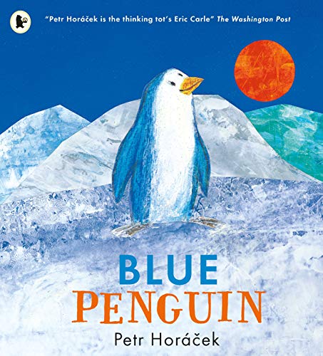 Blue penguin stands on snowy ground under a red sun, book cover.