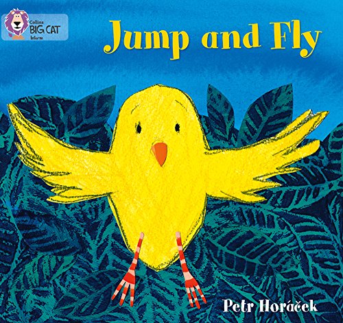 Yellow bird with outstretched wings against a blue and leafy background.