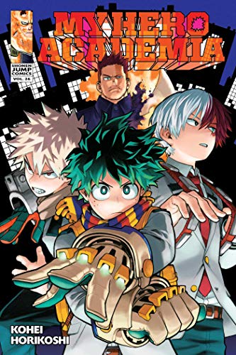 Manga cover featuring Deku, Bakugo, Todoroki, and Endeavor from My Hero Academia.