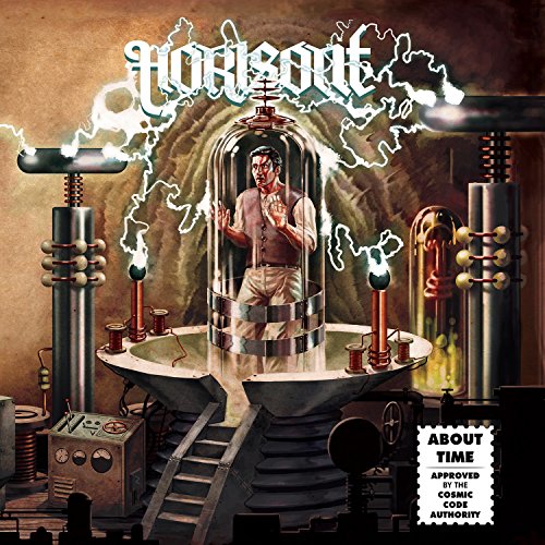 "Album cover art: man in a glass jar surrounded by electrical equipment and lightning."