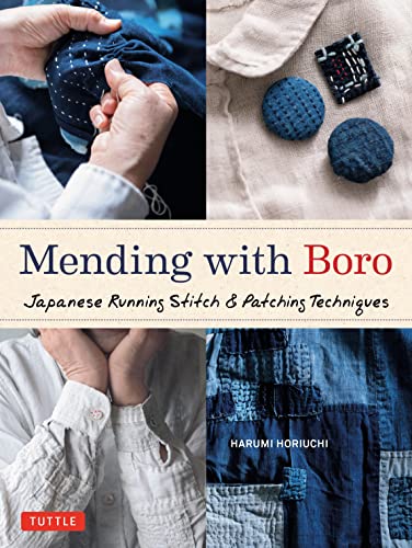 Book cover showing hands sewing blue fabric, boro patches, and a finished stitched garment.