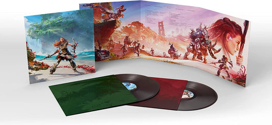 Horizon Forbidden West vinyl soundtrack open, showing artwork and two records.