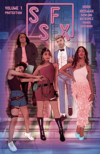 Comic book cover featuring five diverse characters standing on stairs under neon text.