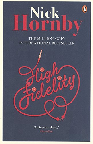The image is a book cover. Alt text: Book cover with a stack of CDs and title "High Fidelity" by Nick Hornby.