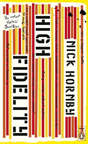 Book cover: “High Fidelity” by Nick Hornby, with yellow and orange stripes.