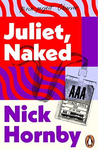 Book cover: “Juliet, Naked” by Nick Hornby, with swirling red and purple design.