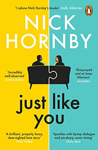 Book cover: split yellow and blue background, couple on a sofa.